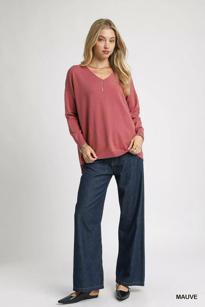 Umgee V-Neck High Low Hem Knit Top with Side Slit - Tigbul's Variety Fashion Shop