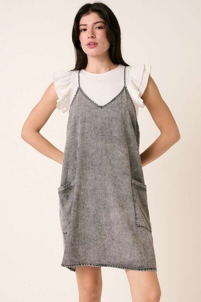 Gray Washed Patch Pocket Mini Cami Denim Dress - Tigbul's Variety Fashion Shop
