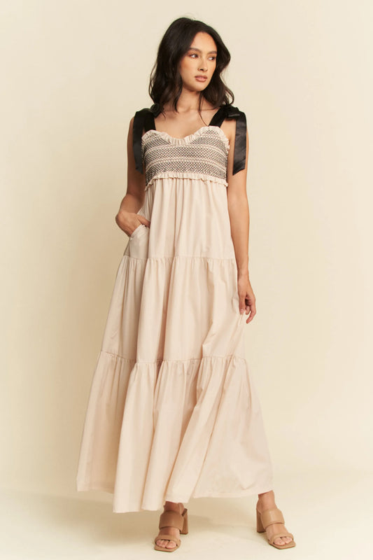 Beige Multi Contrast Smocked Bodice Straps Maxi Dress - Tigbul's Variety Fashion Shop