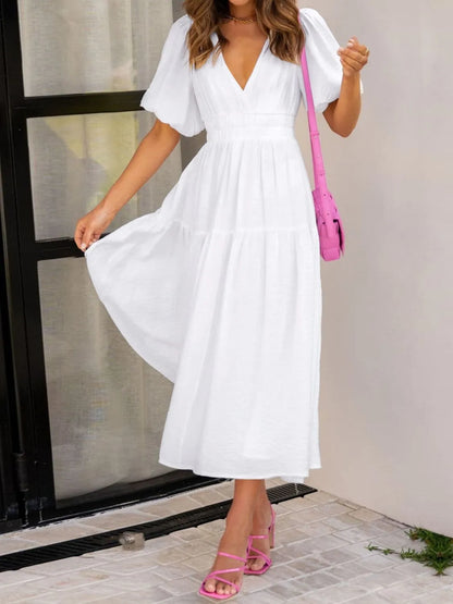 V-Neck Puff Sleeve Midi Dress - Tigbul's Variety Fashion Shop