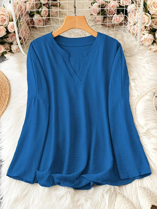 Notched Long Sleeve Casual Blouse - Tigbul's Variety Fashion Shop