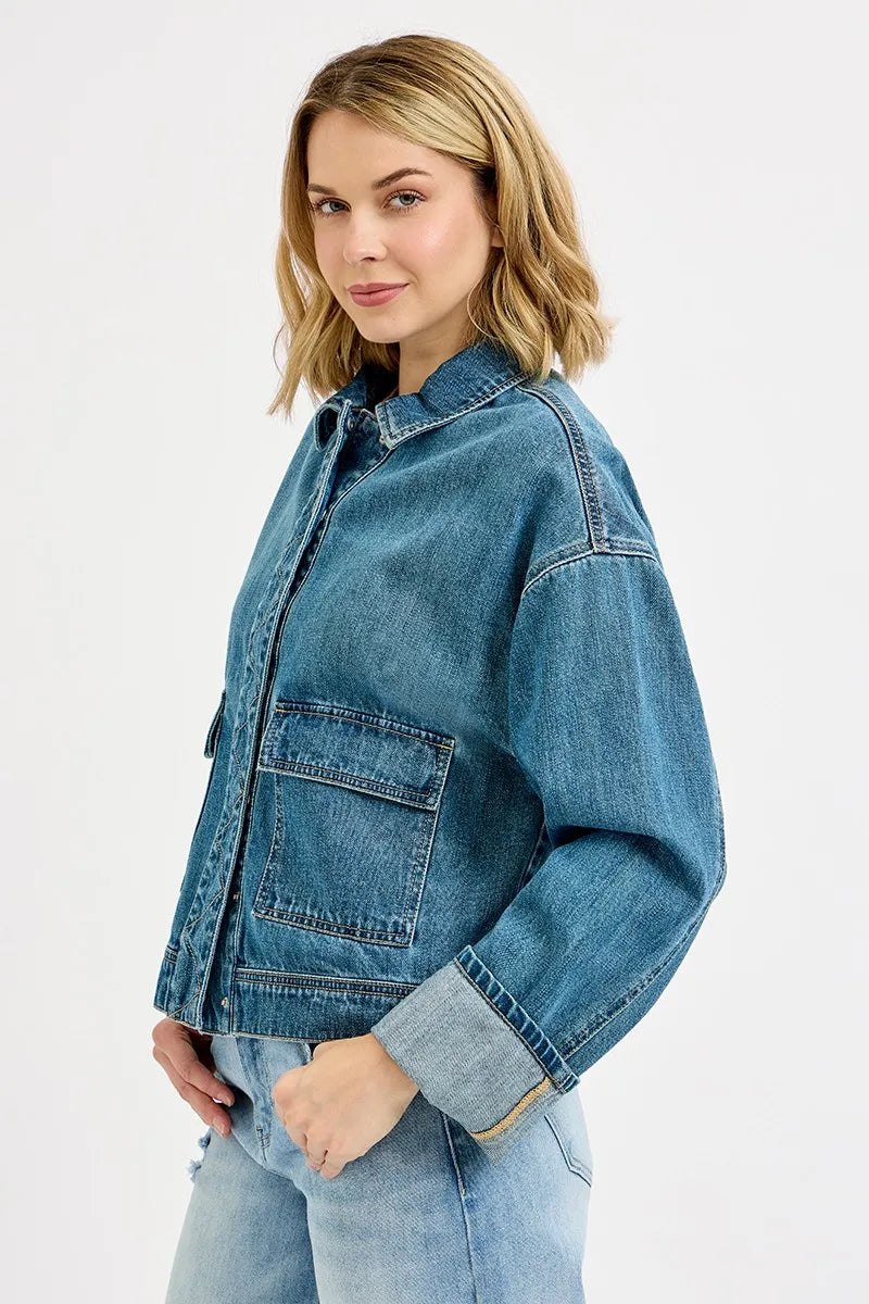 RISEN Oversized Cargo Pocket Denim Jacket with Cuffed Sleeves - Tigbul's Variety Fashion Shop