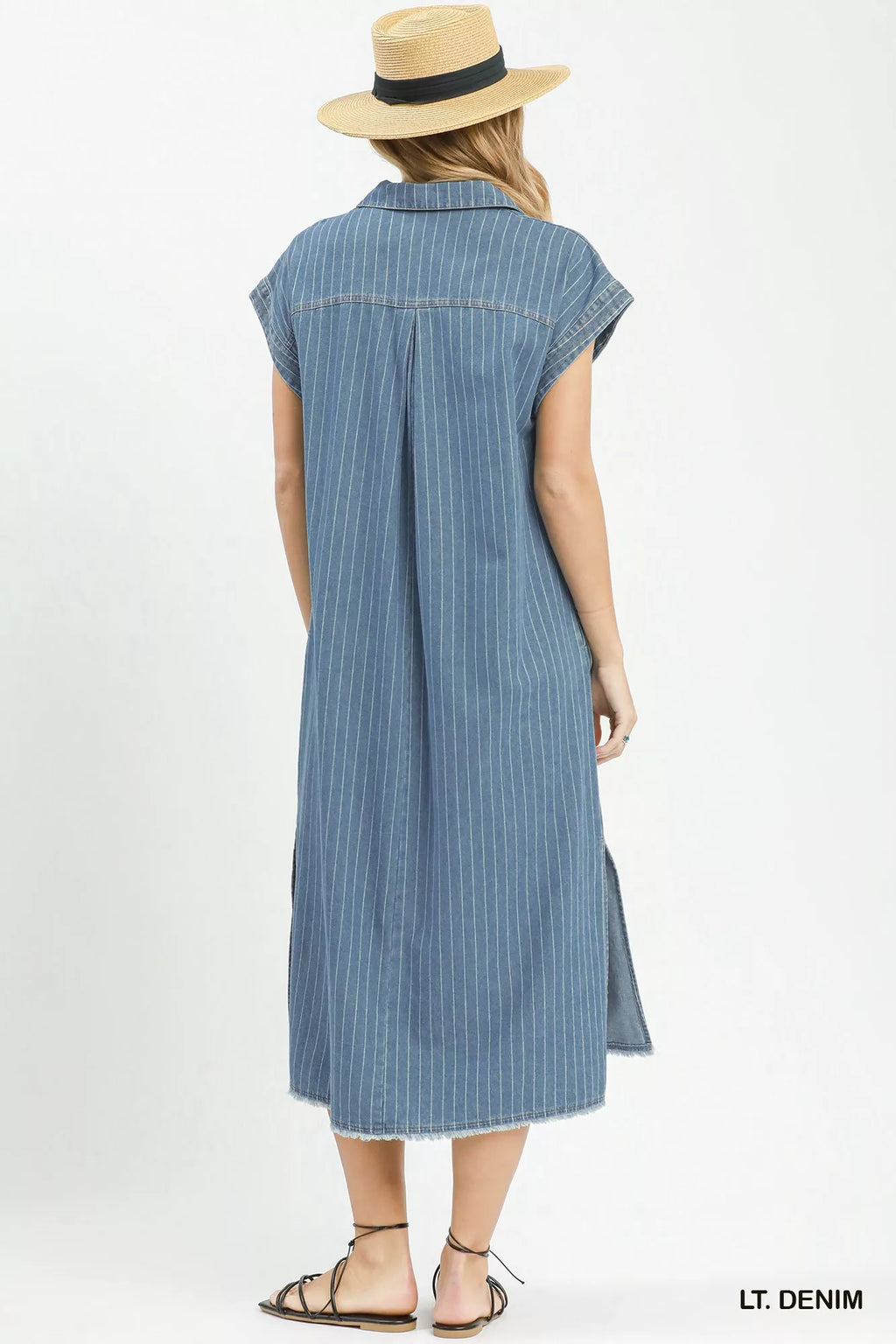 Umgee Pinstripe Denim Collared Midi Dress with Side Slits - Tigbul's Variety Fashion Shop