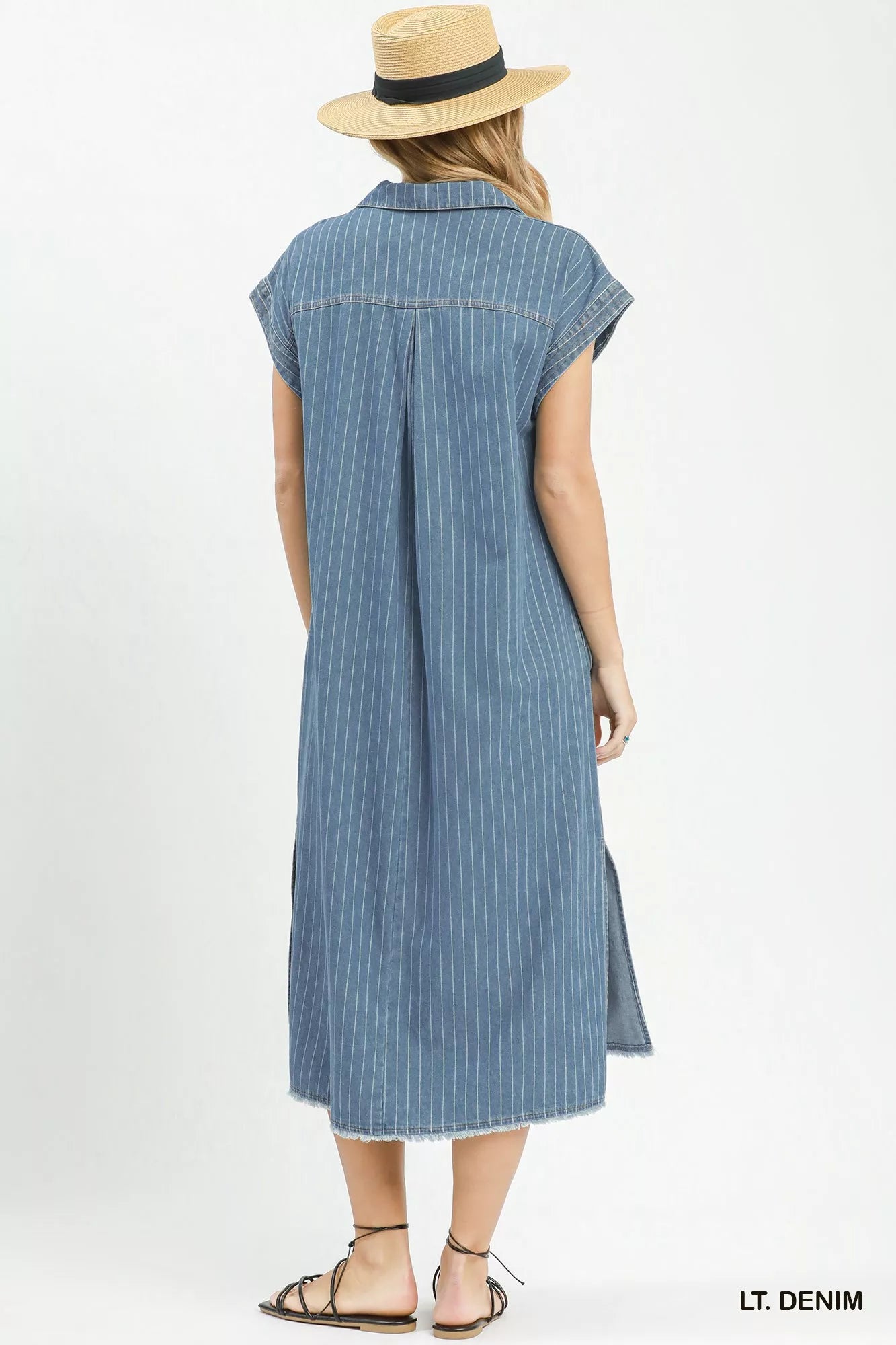Umgee Pinstripe Denim Collared Midi Dress with Side Slits - Tigbul's Variety Fashion Shop