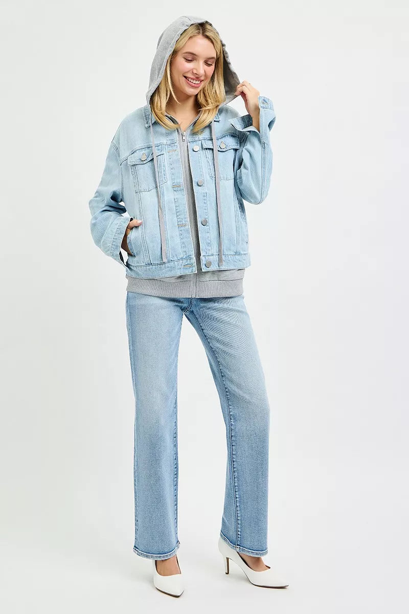 Light denim oversized hoodie jacket with gray hood lining, snap front, and side pockets