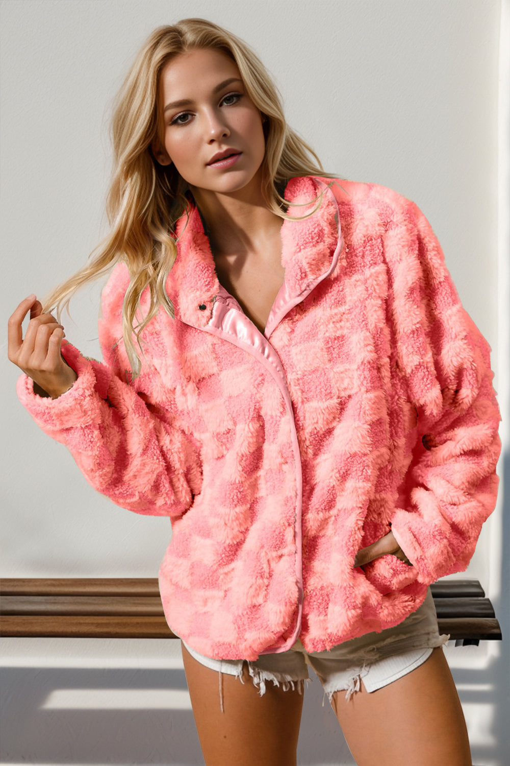 Double Take Checkered Long Sleeve Fuzzy Jacket - Tigbul's Variety Fashion Shop