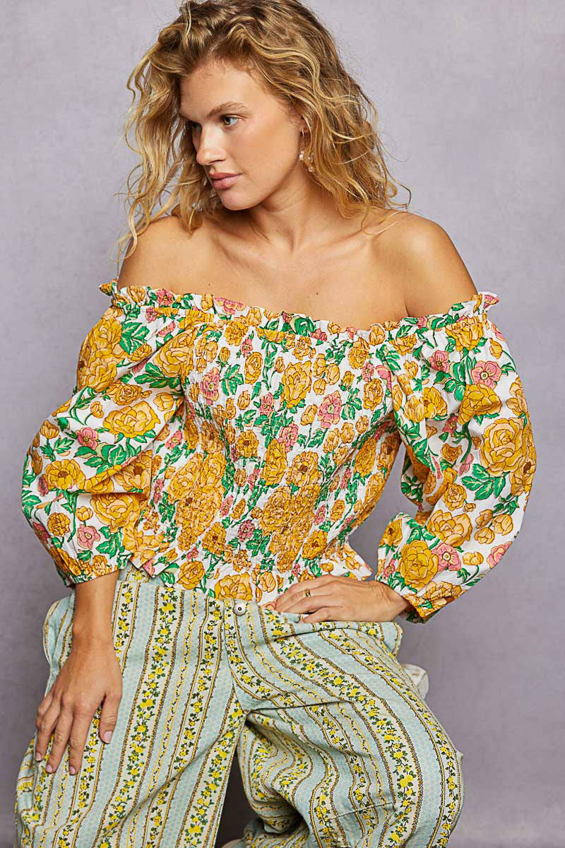 POL Floral Print Off-Shoulder Smocked Blouse | Tigbuls Variety