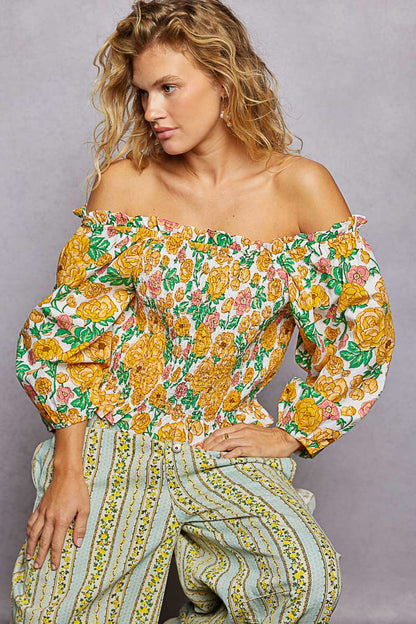 POL Floral Print Off-Shoulder Smocked Blouse | Tigbuls Variety