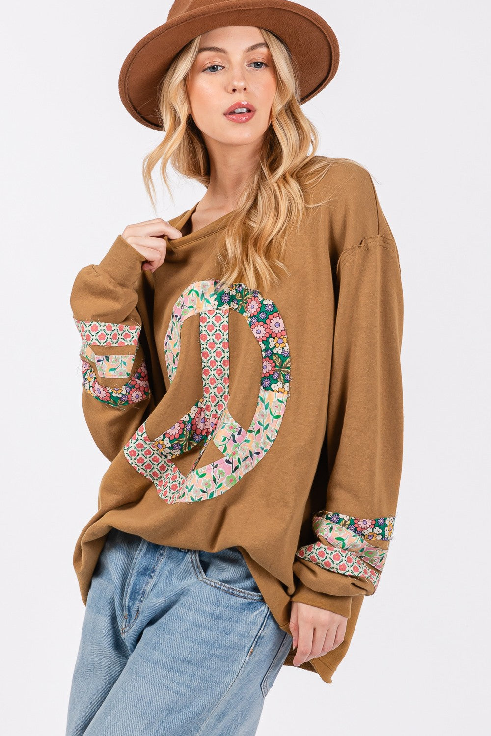 SAGE + FIG Peace Applique Patch Long Sleeve Top - Tigbul's Variety Fashion Shop