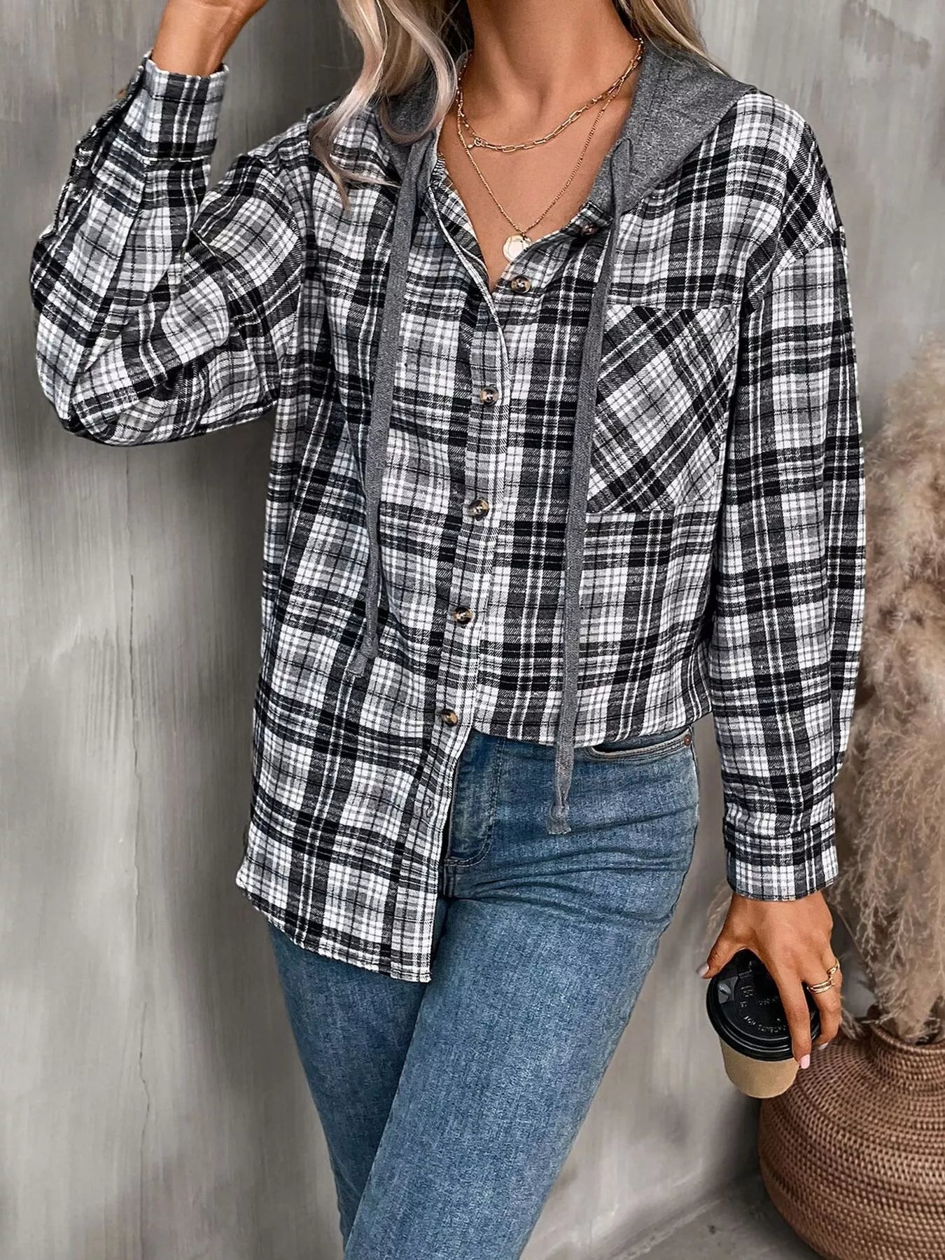 Hooded Plaid Button-Up Shirt - Tigbul's Variety Fashion Shop
