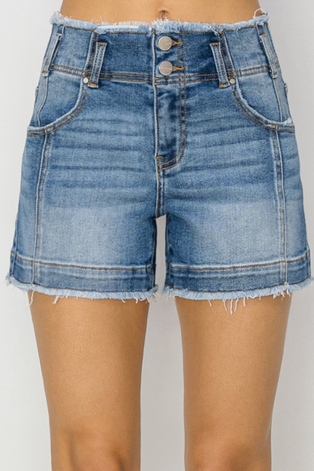 RISEN High Rise Seam Detailed Raw Edge Denim Shorts - Tigbul's Variety Fashion Shop