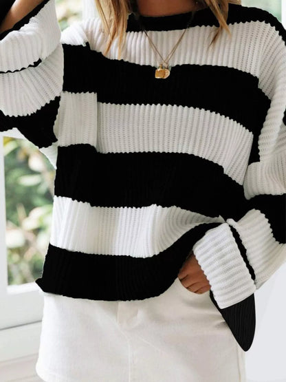 Full Size Contrast Striped Round Neck Sweater Plus Size - Tigbul's Variety Fashion Shop