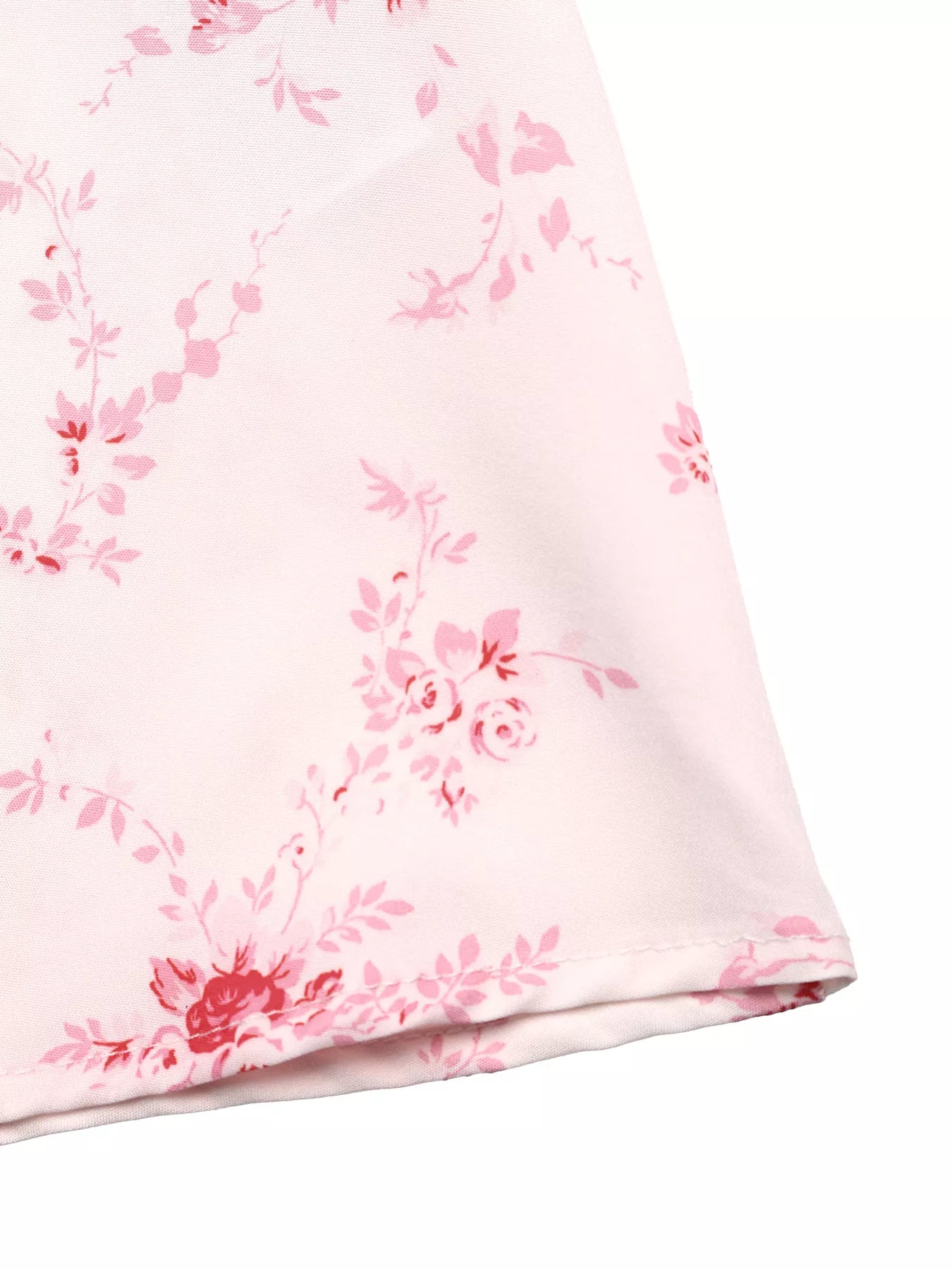 Pink floral print hem edge of cami dress with soft gathered stitching