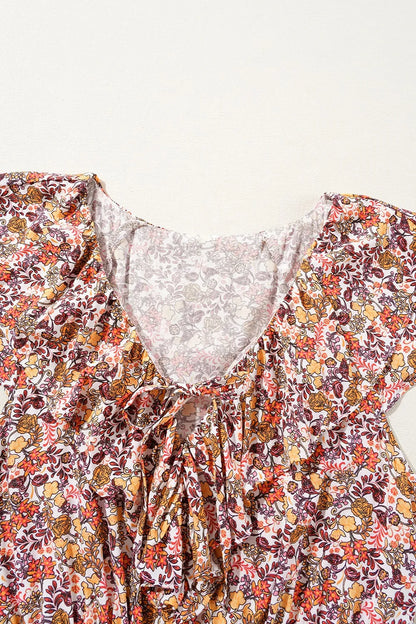 Floral Print Knot V Neck Ruffled Sleeve Blouse - Tigbul's Variety Fashion Shop