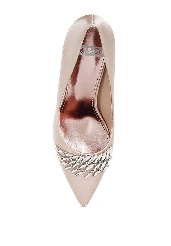 Rhodolia Diamante Brooch Detail Satin Pumps - Tigbul's Variety Fashion Shop