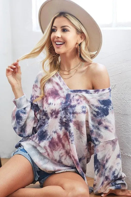BiBi Tie-Dye V-Neck Long Sleeve Waffle Top - Tigbul's Variety Fashion Shop
