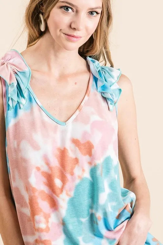 Circular Tie Dye Knit V Neck Top With Ruffle - Tigbul's Variety Fashion Shop