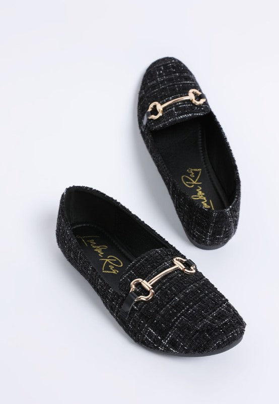 Schwarze Tweed-Loafers mit Horsebit-Detail auf dem Riemen