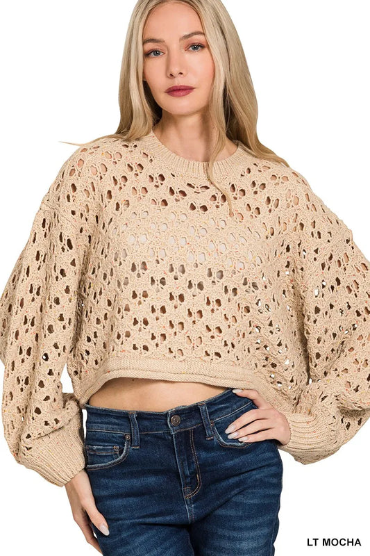 Zenana Oversized Cropped Crochet Knit Sweater - Tigbul's Variety Fashion Shop