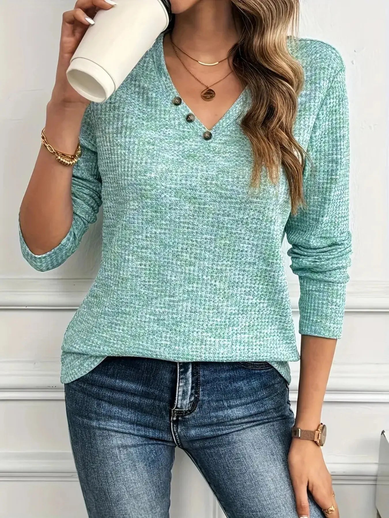 Heathered V-Neck Long Sleeve T-Shirt - Tigbul's Variety Fashion Shop