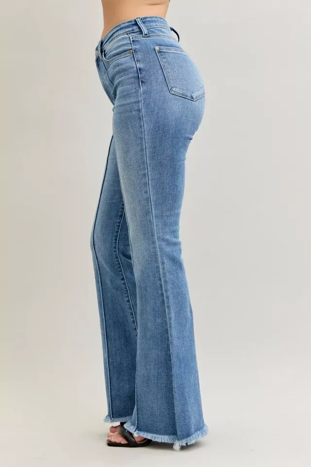 Judy Blue High Waist Flare Fray Hem Jeans with Front Pintuck Detail - Tigbul's Variety Fashion Shop