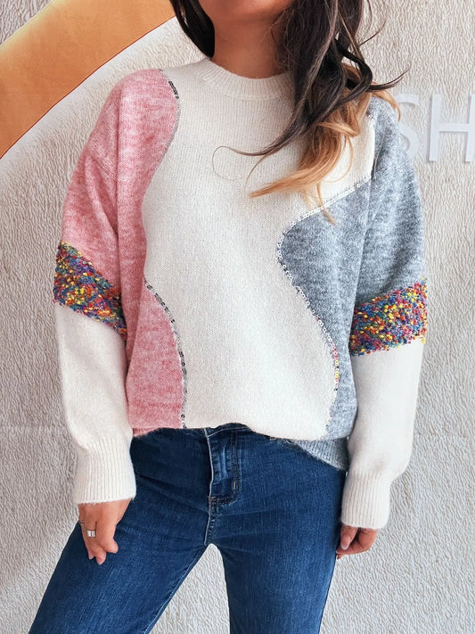 Color Block Dropped Shoulder Sweater - Tigbul's Variety Fashion Shop