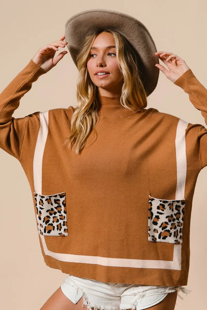 BiBi Mock Neck Sweater with Leopard Pocket - Tigbul's Variety Fashion Shop