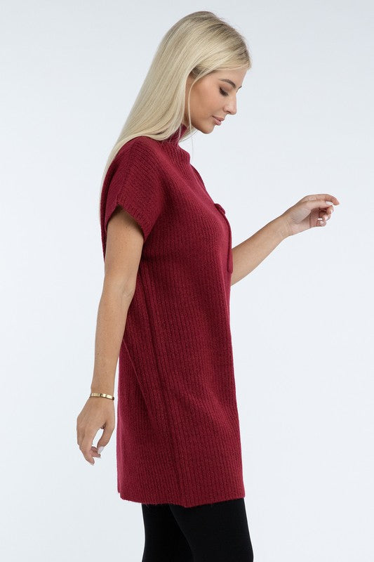 Mock Neck Short Sleeve Sweater Dress with Pocket - Tigbul's Variety Fashion Shop