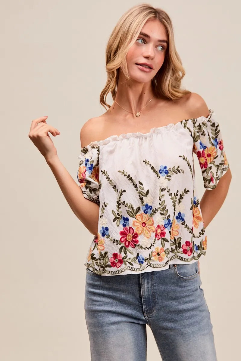SO ME Floral Embroidered Two Way Off The Shoulder Blouse - Tigbul's Variety Fashion Shop
