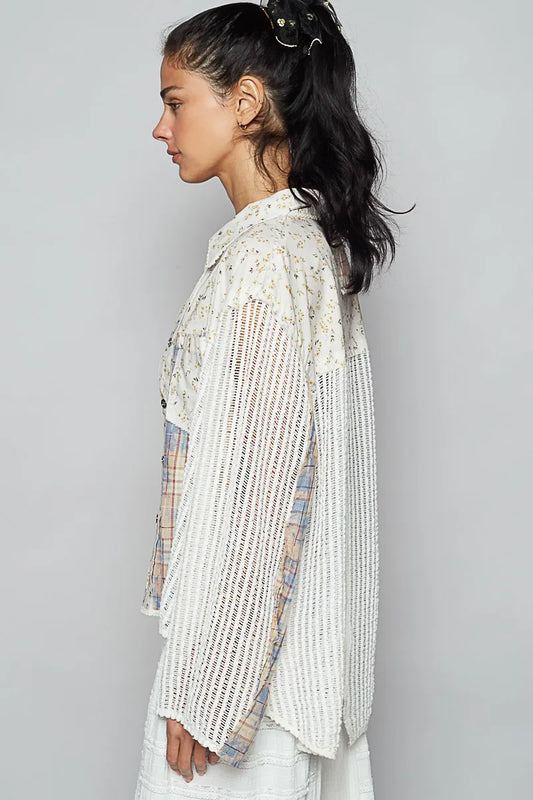POL Floral Slit Back Plaid Patchwork Shirt - Tigbul's Variety Fashion Shop