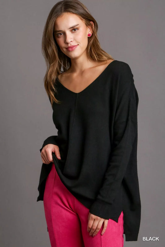 Umgee V-Neck High Low Hem Knit Top with Side Slit - Tigbul's Variety Fashion Shop