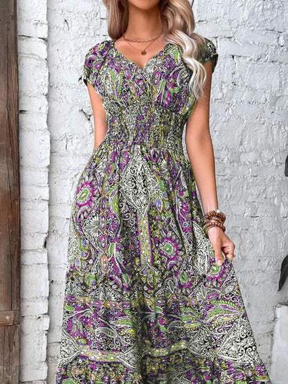 Plus Size Printed V-Neck Short Sleeve Midi Dress - Tigbul's Variety Fashion Shop