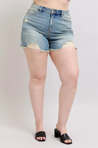 Judy Blue Plus Size High Rise Washed Fly Stitch Detail and Destroy Denim Shorts - Tigbul's Variety Fashion Shop