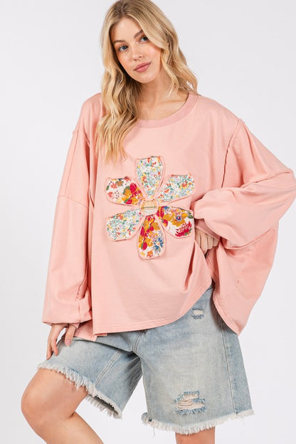 Pink Flower Patch Dropped Shoulder Oversize Top - Tigbul's Variety Fashion Shop