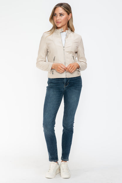 PU Leather Zip Up Jacket with Pockets in Sand Color