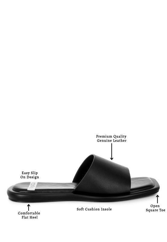 Black square-toe flat slide sandals with cushioned insole and open toe