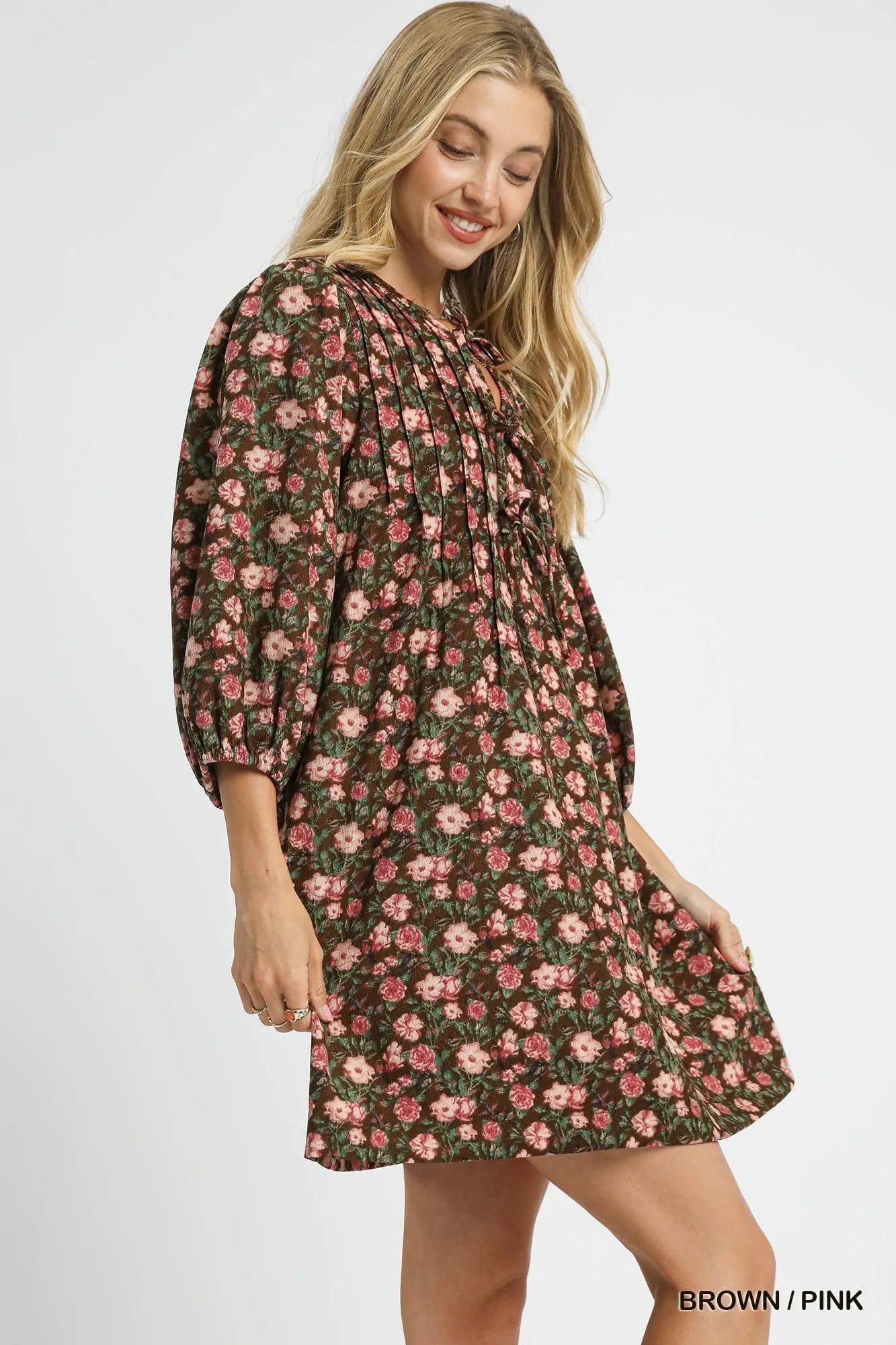 Umgee Floral Tie-Neck Babydoll Dress - Tigbul's Variety Fashion Shop