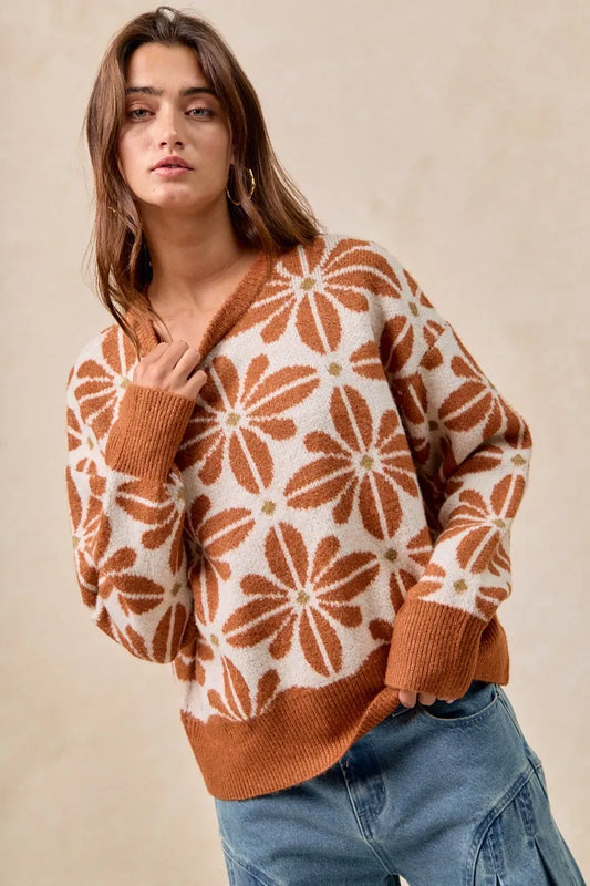 BiBi Flower Pattern Long Sleeve Sweater - Tigbul's Variety Fashion Shop