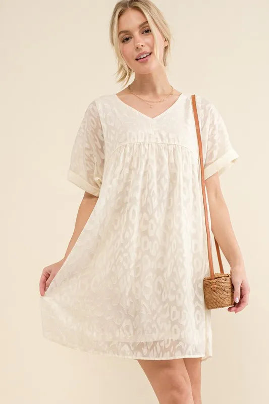 Woven Leopard Baby Doll Roll-Sleeve Casual White Dress - Tigbul's Variety Fashion Shop