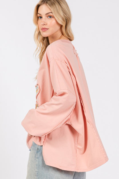 Pink Flower Patch Dropped Shoulder Oversize Top - Tigbul's Variety Fashion Shop