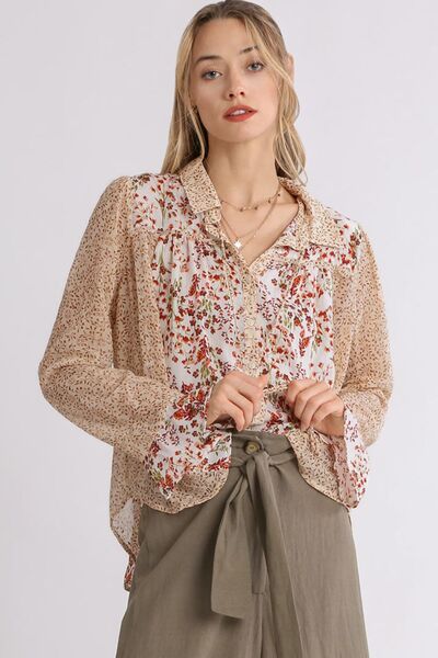 Off White Mixed Print Metallic Detail Long Ruffle Sleeve Button Down Shirt - Tigbul's Variety Fashion Shop