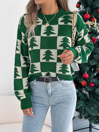 Christmas Tree Checkerboard Pattern Sweater - Tigbul's Variety Fashion Shop