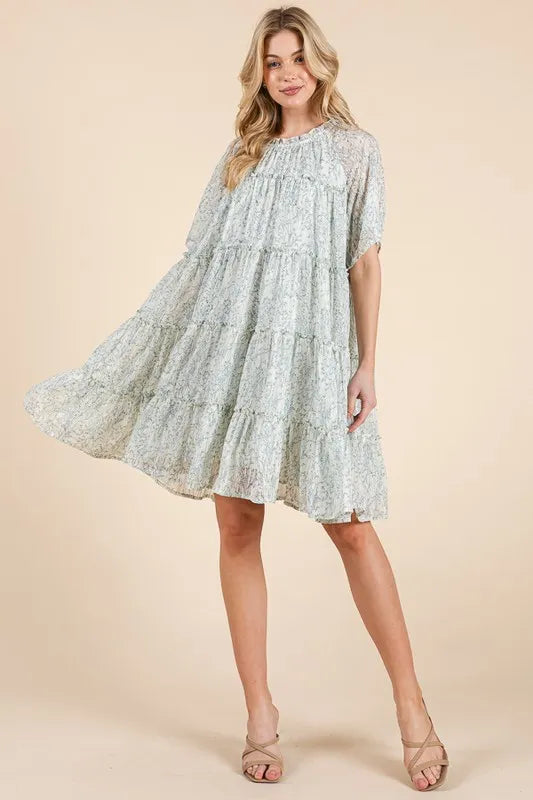 Lime 'N' Chili Ditsy Floral Print Sheer Ruffle Detail Mini Dress - Tigbul's Variety Fashion Shop