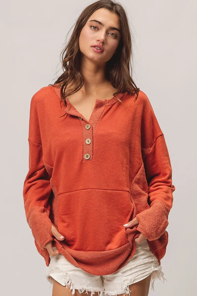 BiBi French Terry Knit Side Block Buttoned Henley Top - Tigbul's Variety Fashion Shop