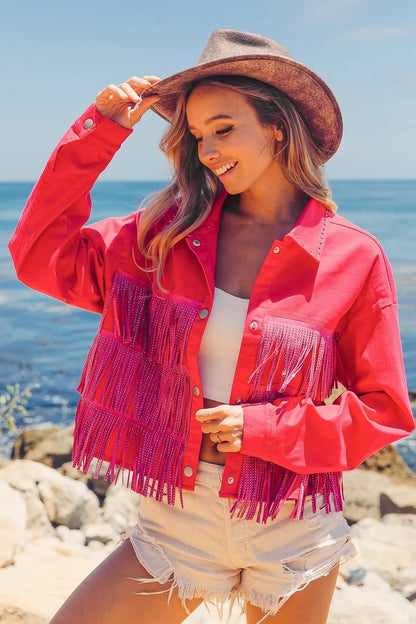 Rhinestone Fringe with Studded Collar Jacket - Tigbul's Variety Fashion Shop