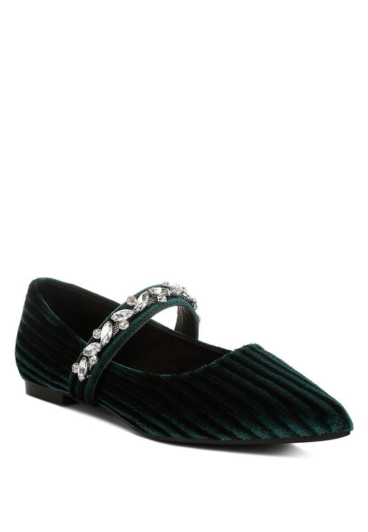 Dresden Diamante Brooch Velvet Ballerinas - Tigbul's Variety Fashion Shop
