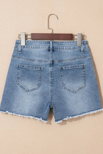 Pearl Beaded Raw Hem Wash Denim Shorts - Tigbul's Variety Fashion Shop