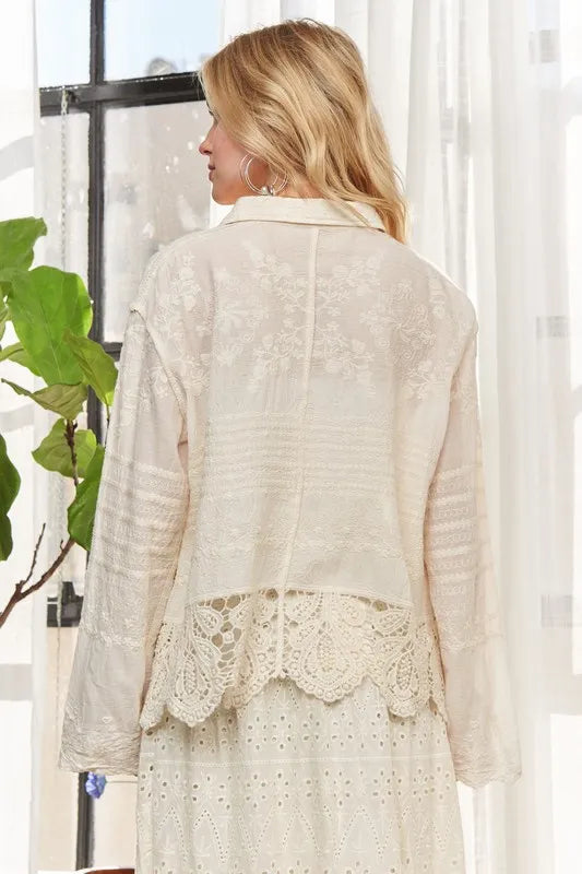 Beige Crochet Lace Long Sleeves Button Down Shirt - Tigbul's Variety Fashion Shop