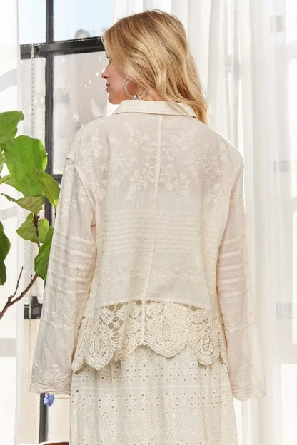 Beige Crochet Lace Long Sleeves Button Down Shirt - Tigbul's Variety Fashion Shop