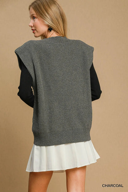 Umgee Oversized V Neck Ribbed Sweater Vest - Tigbul's Variety Fashion Shop